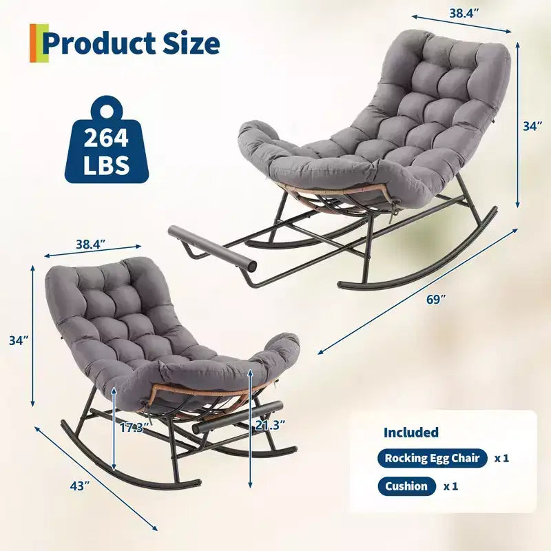 Outdoor Rocking Chair with Footrest,Oversized Patio Papasan Chairs with Cushion,Modern Lounge Rocker Chair for Indoor Living Room Garden Porch Balcony