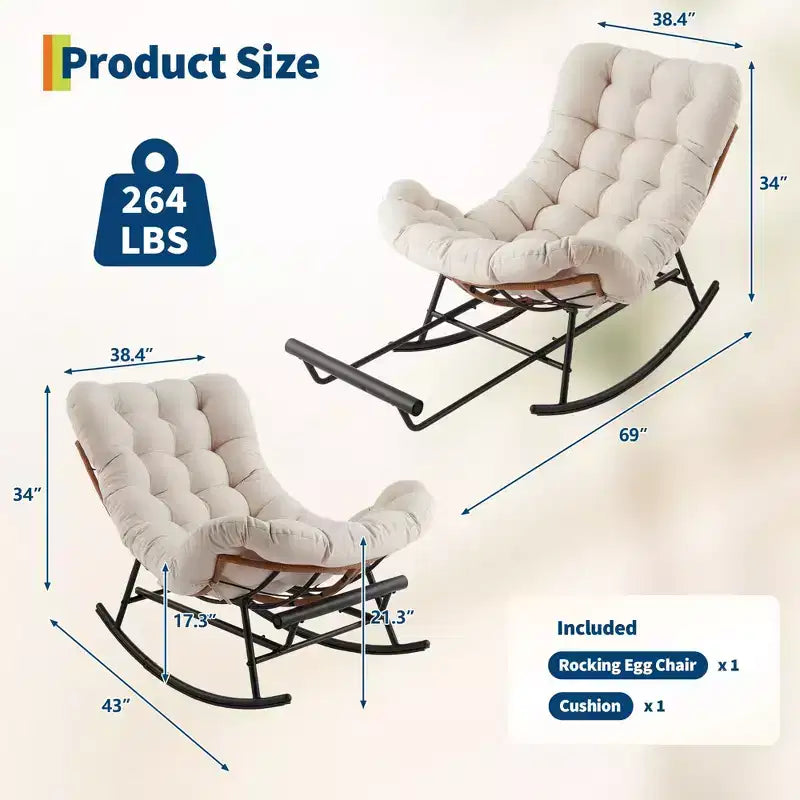 Outdoor Rocking Chair with Footrest,Oversized Patio Papasan Chairs with Cushion,Modern Lounge Rocker Chair for Indoor Living Room Garden Porch Balcony