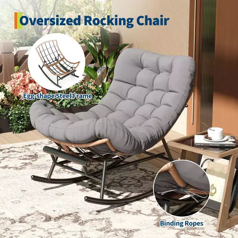 Outdoor Rocking Chair with Footrest,Oversized Patio Papasan Chairs with Cushion,Modern Lounge Rocker Chair for Indoor Living Room Garden Porch Balcony