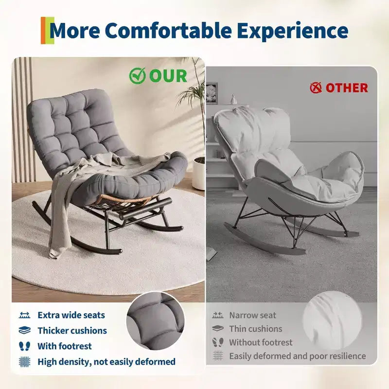 Outdoor Rocking Chair with Footrest,Oversized Patio Papasan Chairs with Cushion,Modern Lounge Rocker Chair for Indoor Living Room Garden Porch Balcony