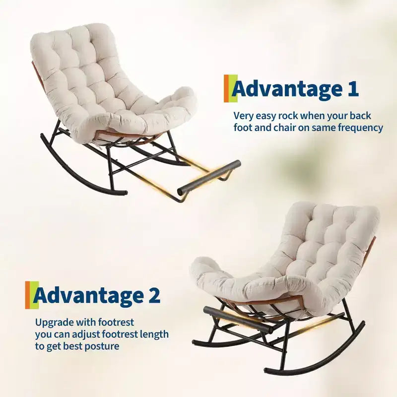 Outdoor Rocking Chair with Footrest,Oversized Patio Papasan Chairs with Cushion,Modern Lounge Rocker Chair for Indoor Living Room Garden Porch Balcony