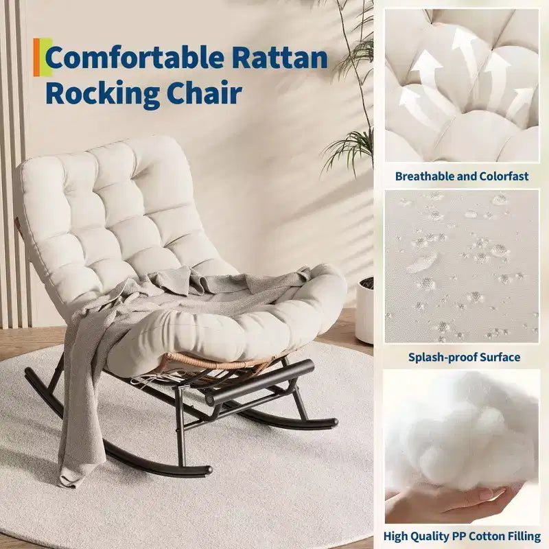 Outdoor Rocking Chair with Footrest,Oversized Patio Papasan Chairs with Cushion,Modern Lounge Rocker Chair for Indoor Living Room Garden Porch Balcony
