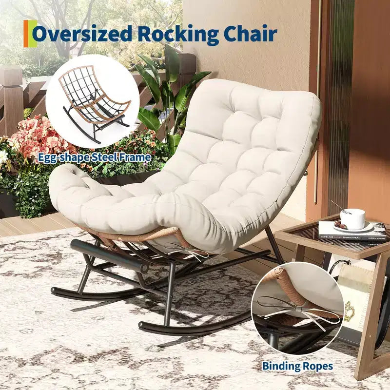 Outdoor Rocking Chair with Footrest,Oversized Patio Papasan Chairs with Cushion,Modern Lounge Rocker Chair for Indoor Living Room Garden Porch Balcony