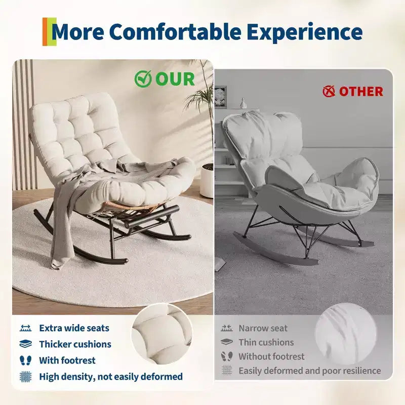 Outdoor Rocking Chair with Footrest,Oversized Patio Papasan Chairs with Cushion,Modern Lounge Rocker Chair for Indoor Living Room Garden Porch Balcony