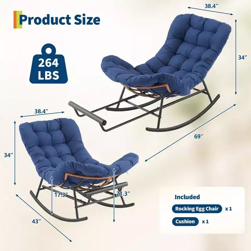 Outdoor Rocking Chair with Footrest,Oversized Patio Papasan Chairs with Cushion,Modern Lounge Rocker Chair for Indoor Living Room Garden Porch Balcony