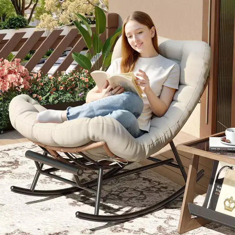 Outdoor Rocking Chair with Footrest,Oversized Patio Papasan Chairs with Cushion,Modern Lounge Rocker Chair for Indoor Living Room Garden Porch Balcony