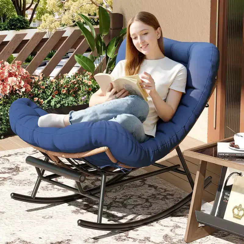 Outdoor Rocking Chair with Footrest,Oversized Patio Papasan Chairs with Cushion,Modern Lounge Rocker Chair for Indoor Living Room Garden Porch Balcony