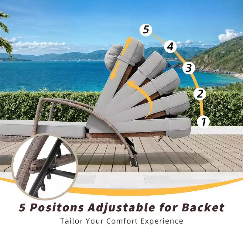 COZONY 2-Pack Patio Chaise Lounge Chairs, PE Rattan Wicker Pool Lounge with 5-Level Backrest, Cushion and Wheels for Garden Beach