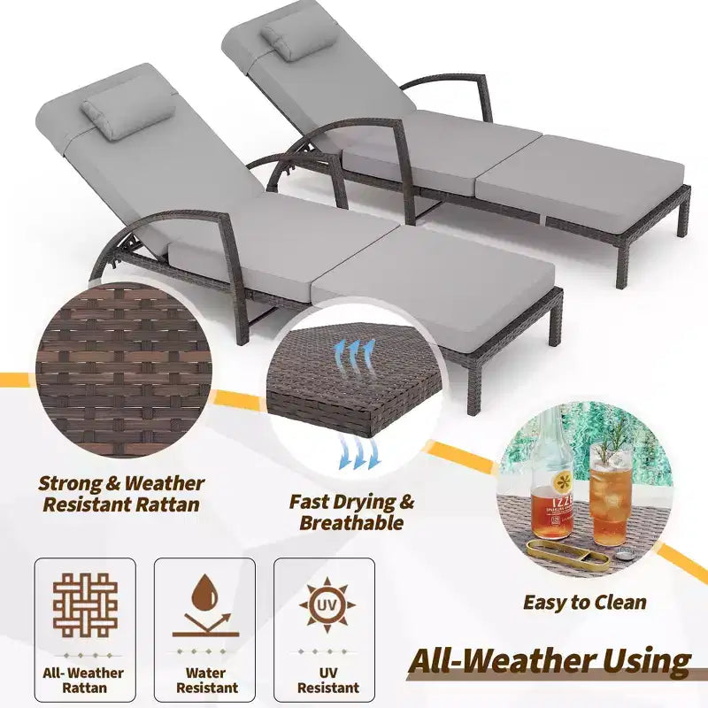 COZONY 2-Pack Patio Chaise Lounge Chairs, PE Rattan Wicker Pool Lounge with 5-Level Backrest, Cushion and Wheels for Garden Beach