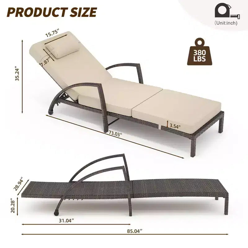 COZONY 2-Pack Patio Chaise Lounge Chairs, PE Rattan Wicker Pool Lounge with 5-Level Backrest, Cushion and Wheels for Garden Beach