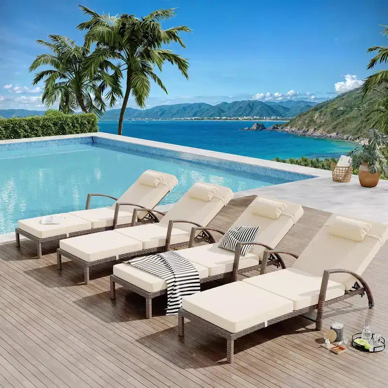 COZONY 2-Pack Patio Chaise Lounge Chairs, PE Rattan Wicker Pool Lounge with 5-Level Backrest, Cushion and Wheels for Garden Beach