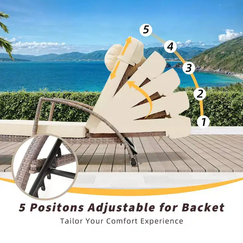 COZONY 2-Pack Patio Chaise Lounge Chairs, PE Rattan Wicker Pool Lounge with 5-Level Backrest, Cushion and Wheels for Garden Beach