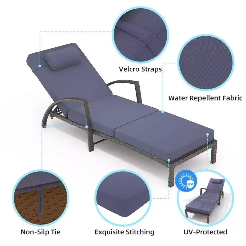 COZONY 2-Pack Patio Chaise Lounge Chairs, PE Rattan Wicker Pool Lounge with 5-Level Backrest, Cushion and Wheels for Garden Beach