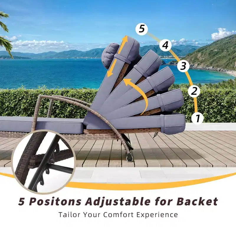 COZONY 2-Pack Patio Chaise Lounge Chairs, PE Rattan Wicker Pool Lounge with 5-Level Backrest, Cushion and Wheels for Garden Beach