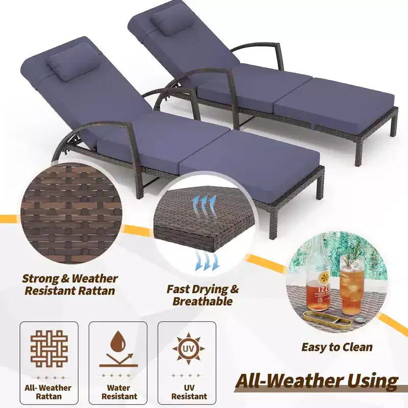 COZONY 2-Pack Patio Chaise Lounge Chairs, PE Rattan Wicker Pool Lounge with 5-Level Backrest, Cushion and Wheels for Garden Beach