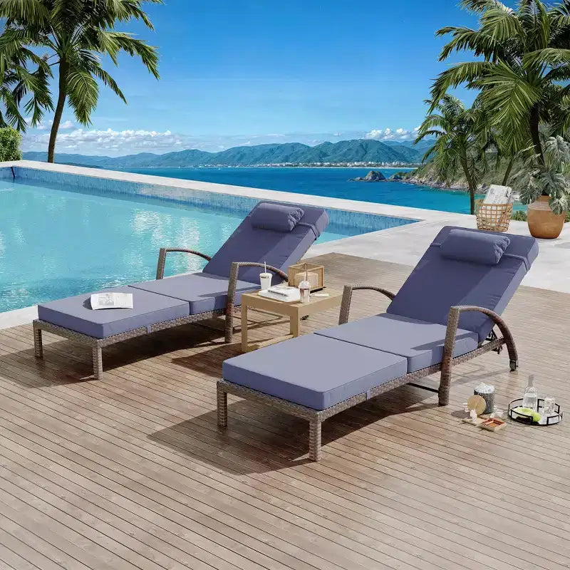 COZONY 2-Pack Patio Chaise Lounge Chairs, PE Rattan Wicker Pool Lounge with 5-Level Backrest, Cushion and Wheels for Garden Beach