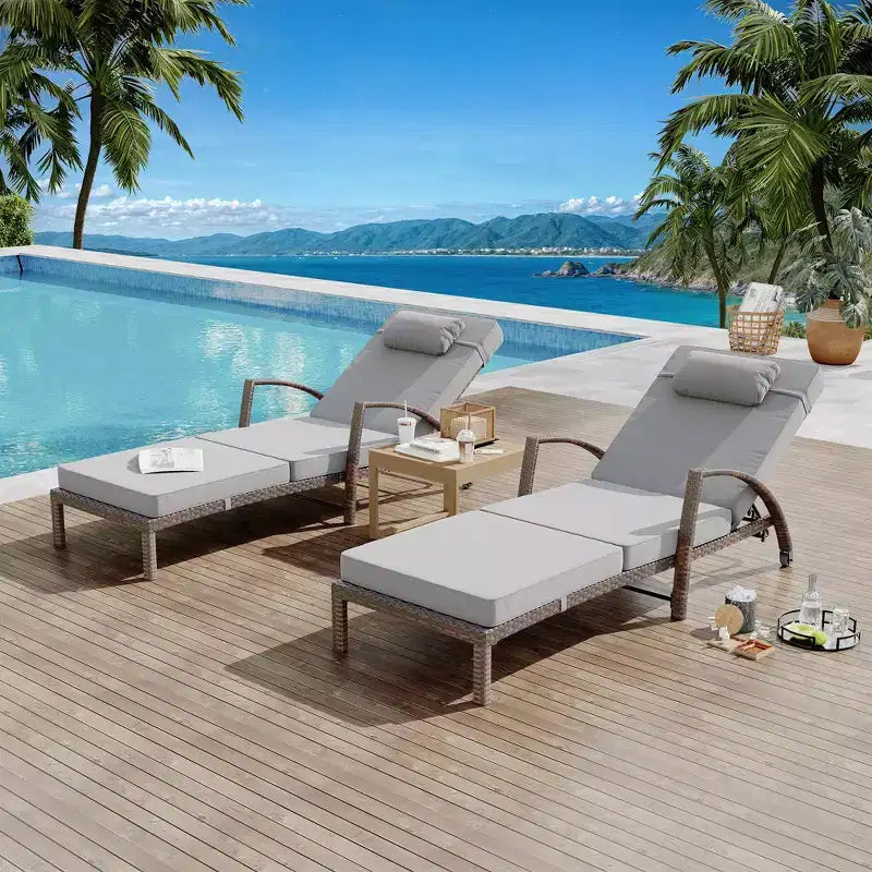 COZONY 2-Pack Patio Chaise Lounge Chairs, PE Rattan Wicker Pool Lounge with 5-Level Backrest, Cushion and Wheels for Garden Beach