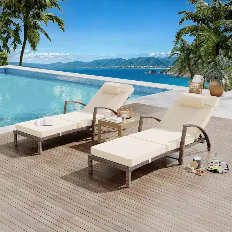 COZONY 2-Pack Patio Chaise Lounge Chairs, PE Rattan Wicker Pool Lounge with 5-Level Backrest, Cushion and Wheels for Garden Beach