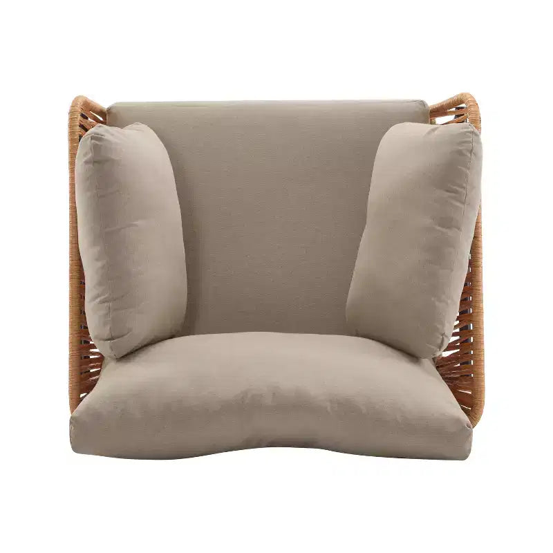 Set of 2 36-Inch Beige and Light Wood-Tone Rope Iron Lounge Chairs with Cushions, for Modern Decor