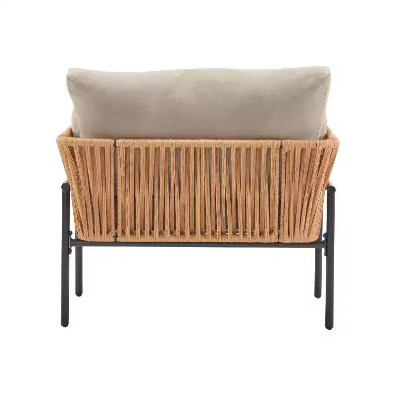 Set of 2 36-Inch Beige and Light Wood-Tone Rope Iron Lounge Chairs with Cushions, for Modern Decor