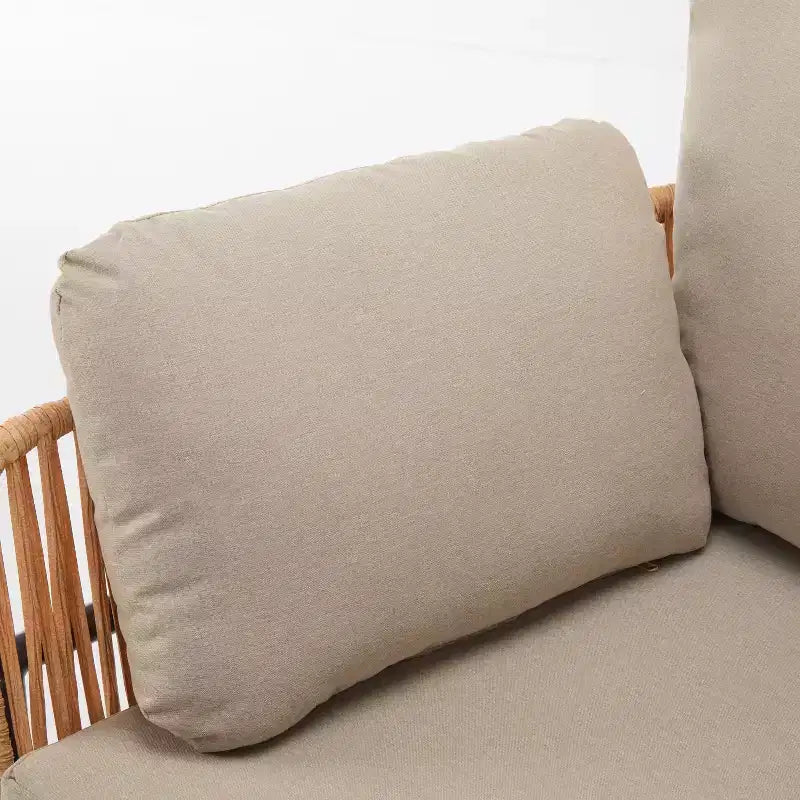 Set of 2 36-Inch Beige and Light Wood-Tone Rope Iron Lounge Chairs with Cushions, for Modern Decor