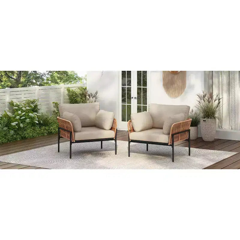 Set of 2 36-Inch Beige and Light Wood-Tone Rope Iron Lounge Chairs with Cushions, for Modern Decor