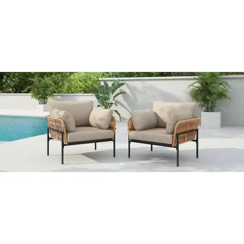 Set of 2 36-Inch Beige and Light Wood-Tone Rope Iron Lounge Chairs with Cushions, for Modern Decor