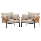 Set of 2 36-Inch Beige and Light Wood-Tone Rope Iron Lounge Chairs with Cushions, for Modern Decor