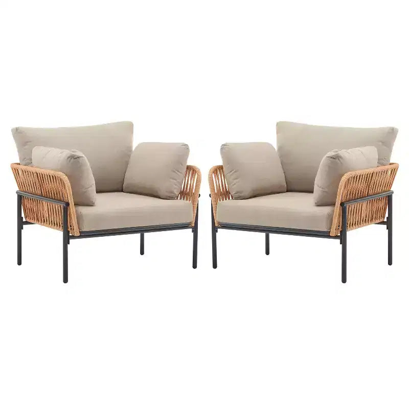 Set of 2 36-Inch Beige and Light Wood-Tone Rope Iron Lounge Chairs with Cushions, for Modern Decor