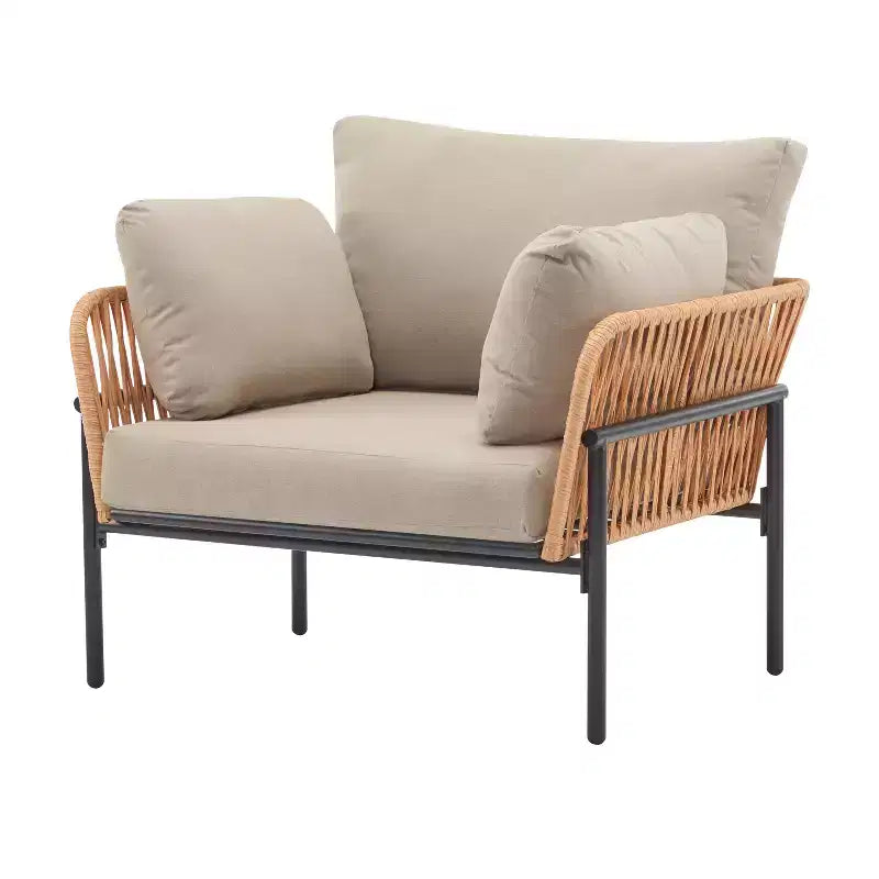 Set of 2 36-Inch Beige and Light Wood-Tone Rope Iron Lounge Chairs with Cushions, for Modern Decor