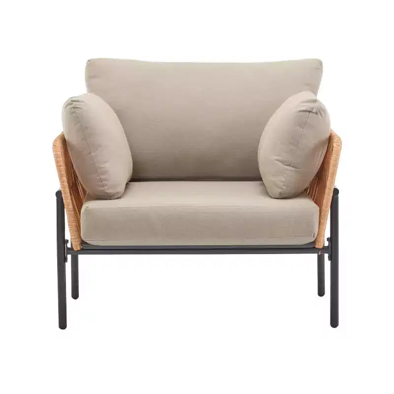 Set of 2 36-Inch Beige and Light Wood-Tone Rope Iron Lounge Chairs with Cushions, for Modern Decor