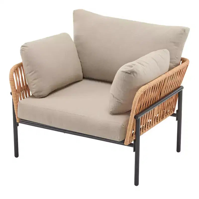 Set of 2 36-Inch Beige and Light Wood-Tone Rope Iron Lounge Chairs with Cushions, for Modern Decor