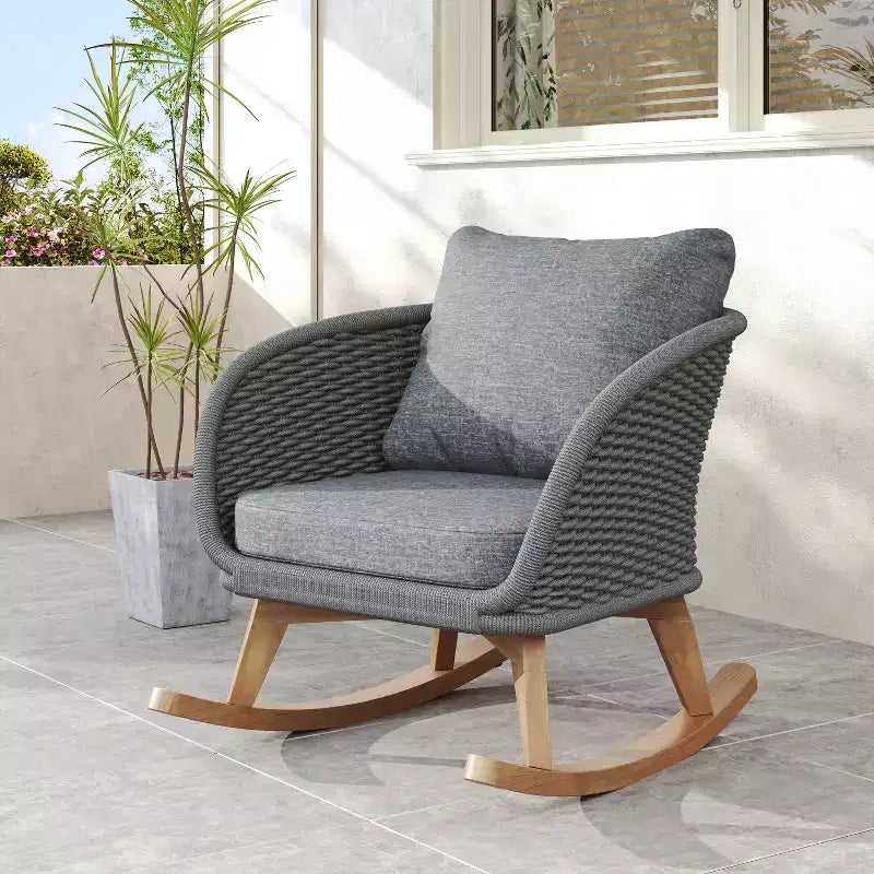 29.5-Inch Contemporary Minimalist Gray Wicker Rocking Chair with Soft Cushions, for Patio or Living Room