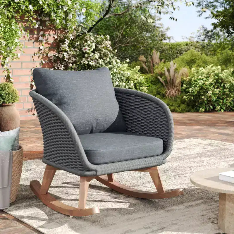 29.5-Inch Contemporary Minimalist Gray Wicker Rocking Chair with Soft Cushions, for Patio or Living Room