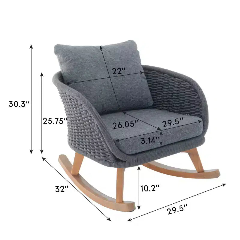 29.5-Inch Contemporary Minimalist Gray Wicker Rocking Chair with Soft Cushions, for Patio or Living Room