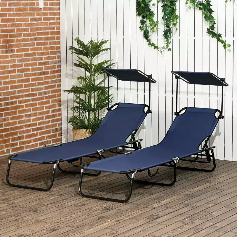 Folding Chaise Lounge Pool Lounge Chairs Set of 2,Outdoor Sun Tanning Chairs with Canopy Shade, Reclining Back, Steel Frame for Beach, Yard, Patio
