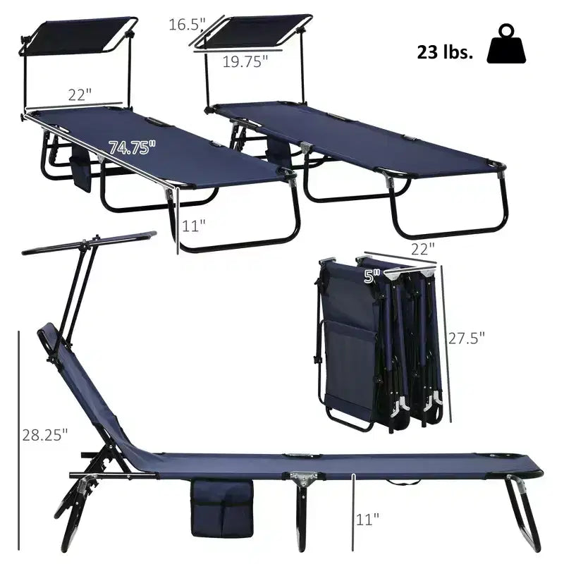 Folding Chaise Lounge Pool Lounge Chairs Set of 2,Outdoor Sun Tanning Chairs with Canopy Shade, Reclining Back, Steel Frame for Beach, Yard, Patio