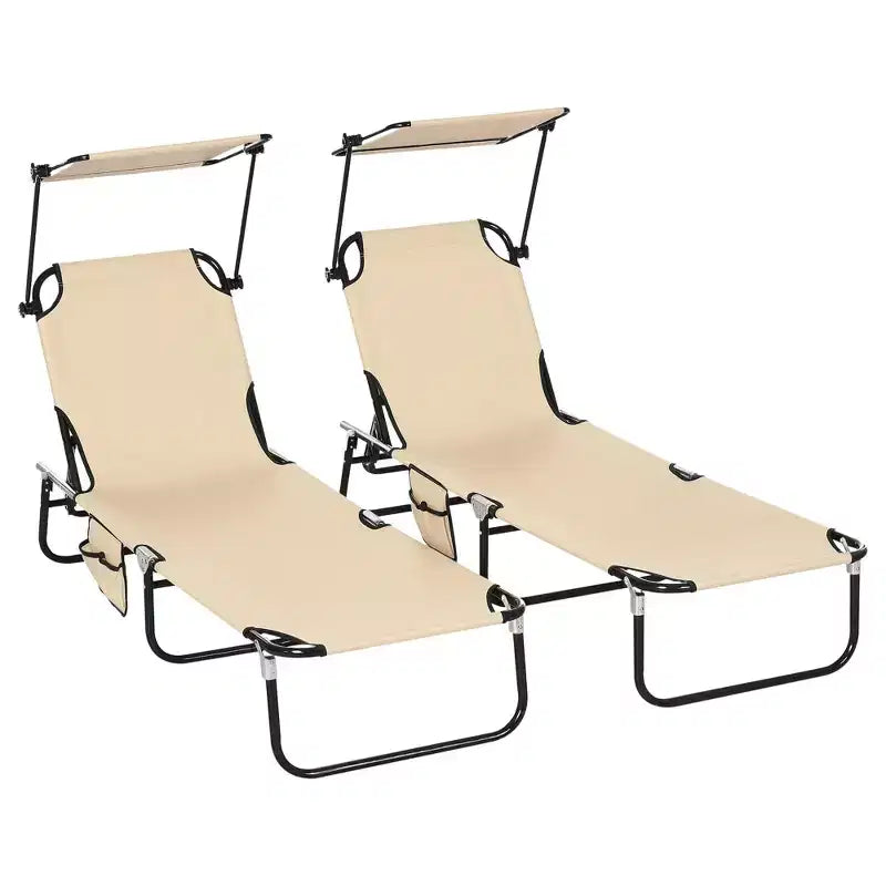 Folding Chaise Lounge Pool Lounge Chairs Set of 2,Outdoor Sun Tanning Chairs with Canopy Shade, Reclining Back, Steel Frame for Beach, Yard, Patio