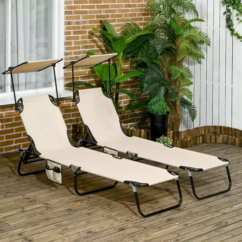 Folding Chaise Lounge Pool Lounge Chairs Set of 2,Outdoor Sun Tanning Chairs with Canopy Shade, Reclining Back, Steel Frame for Beach, Yard, Patio