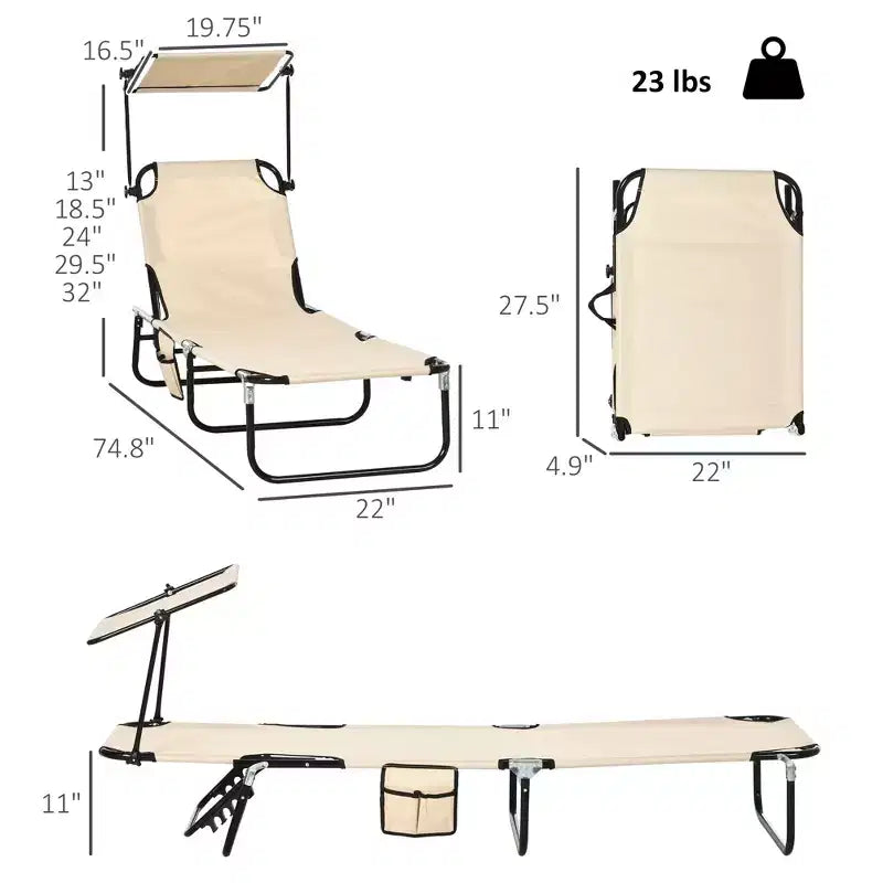 Folding Chaise Lounge Pool Lounge Chairs Set of 2,Outdoor Sun Tanning Chairs with Canopy Shade, Reclining Back, Steel Frame for Beach, Yard, Patio