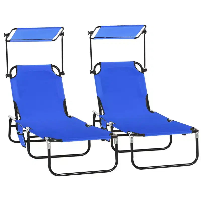 Folding Chaise Lounge Pool Lounge Chairs Set of 2,Outdoor Sun Tanning Chairs with Canopy Shade, Reclining Back, Steel Frame for Beach, Yard, Patio