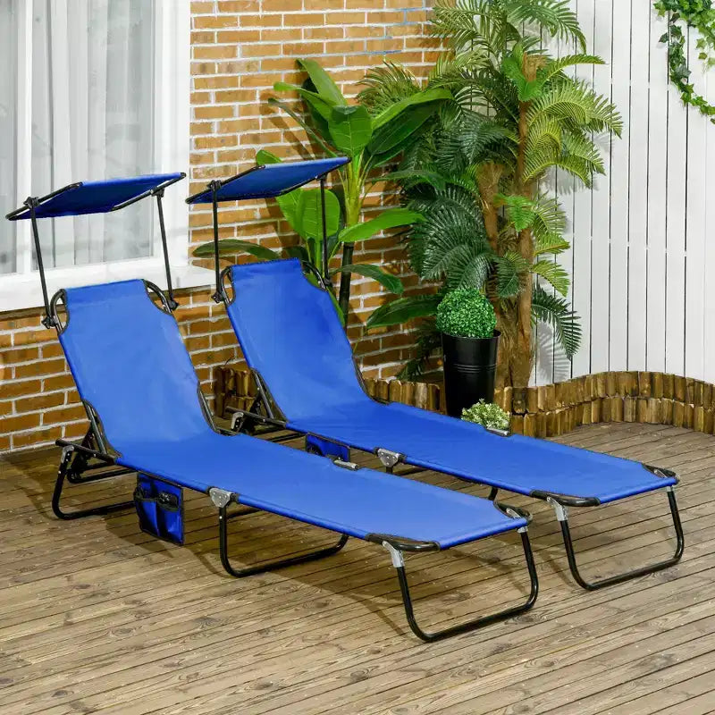 Folding Chaise Lounge Pool Lounge Chairs Set of 2,Outdoor Sun Tanning Chairs with Canopy Shade, Reclining Back, Steel Frame for Beach, Yard, Patio