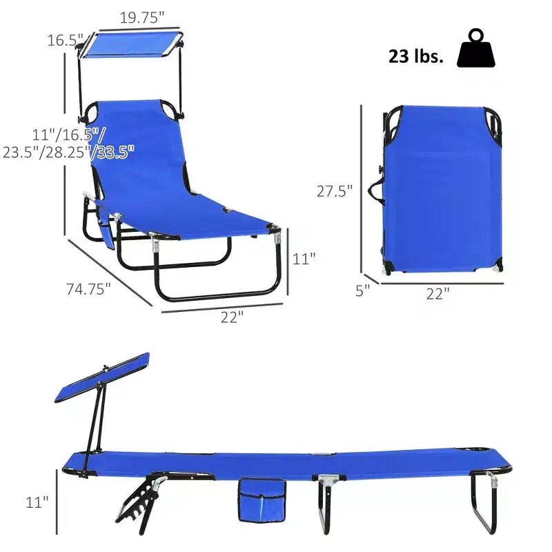 Folding Chaise Lounge Pool Lounge Chairs Set of 2,Outdoor Sun Tanning Chairs with Canopy Shade, Reclining Back, Steel Frame for Beach, Yard, Patio