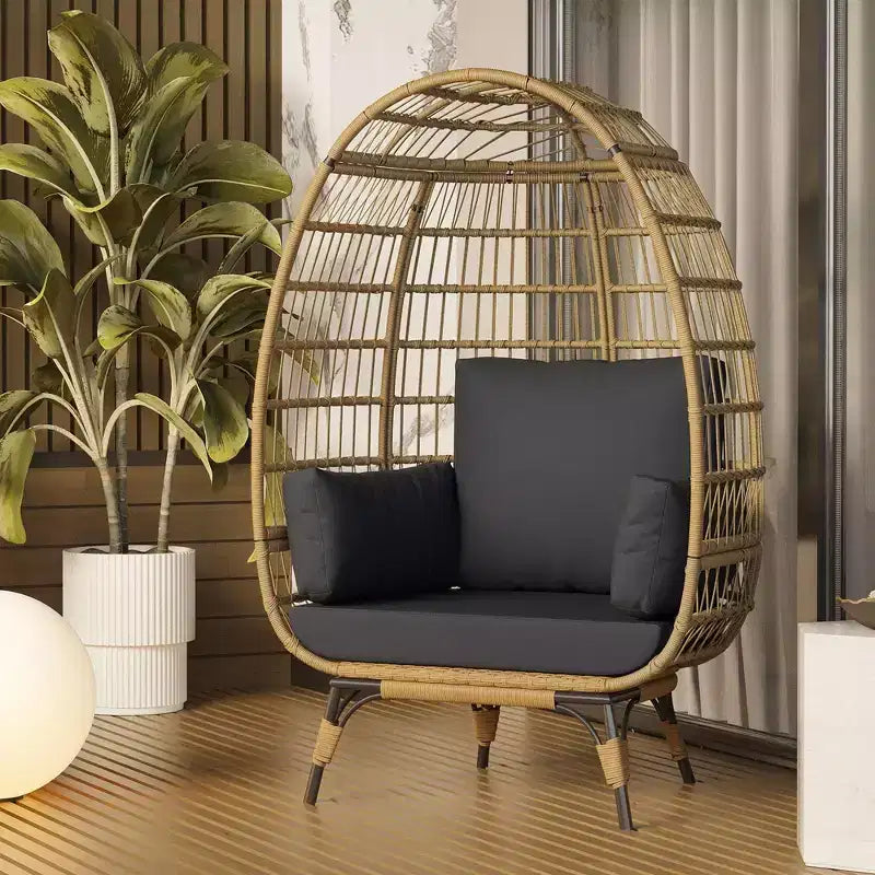 Oversized Indoor/Outdoor Egg Chair with Steel Frame - Wicker Rattan Hanging Basket Lounge Chair for Patio, Garden, Living Room