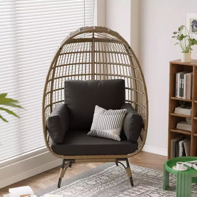 Oversized Indoor/Outdoor Egg Chair with Steel Frame - Wicker Rattan Hanging Basket Lounge Chair for Patio, Garden, Living Room