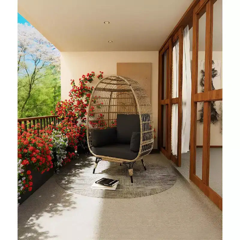 Oversized Indoor/Outdoor Egg Chair with Steel Frame - Wicker Rattan Hanging Basket Lounge Chair for Patio, Garden, Living Room