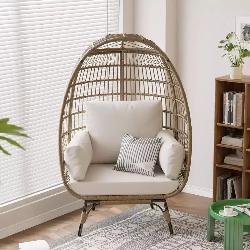 Oversized Indoor/Outdoor Egg Chair with Steel Frame - Wicker Rattan Hanging Basket Lounge Chair for Patio, Garden, Living Room