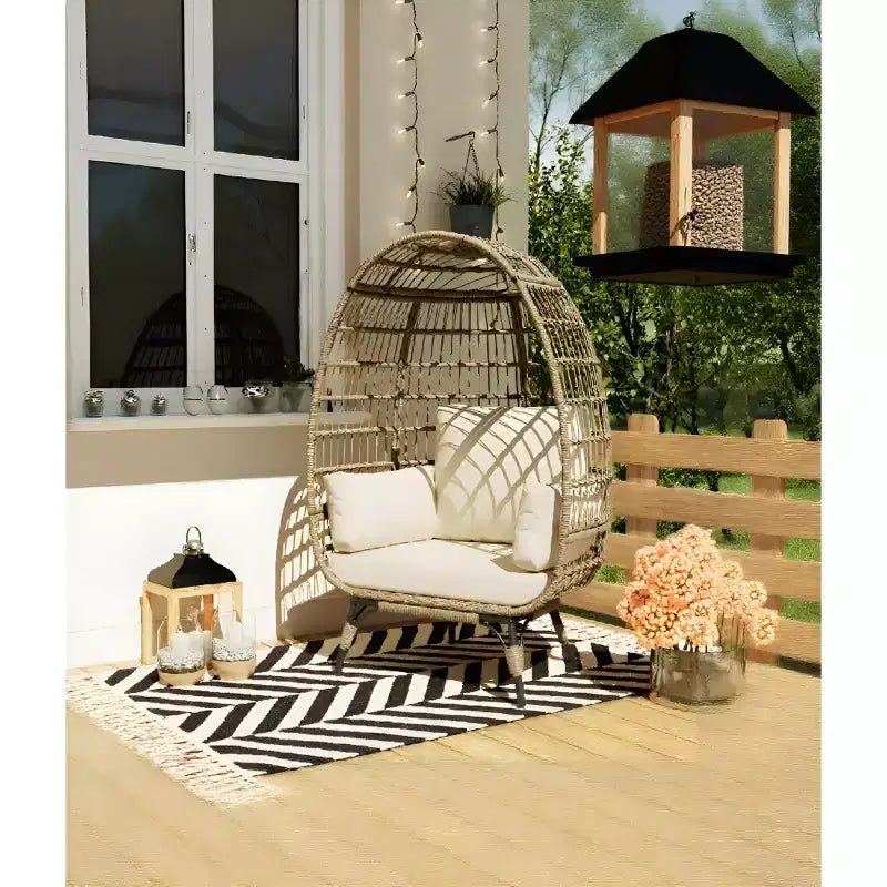 Oversized Indoor/Outdoor Egg Chair with Steel Frame - Wicker Rattan Hanging Basket Lounge Chair for Patio, Garden, Living Room