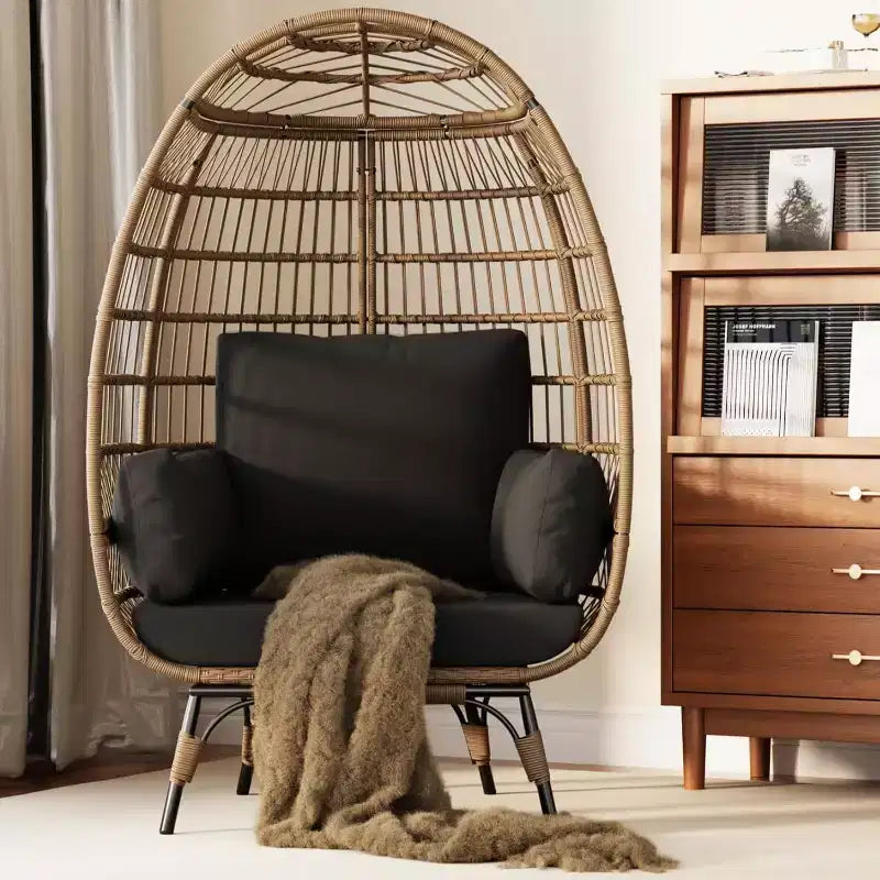 Oversized Indoor/Outdoor Egg Chair with Steel Frame - Wicker Rattan Hanging Basket Lounge Chair for Patio, Garden, Living Room