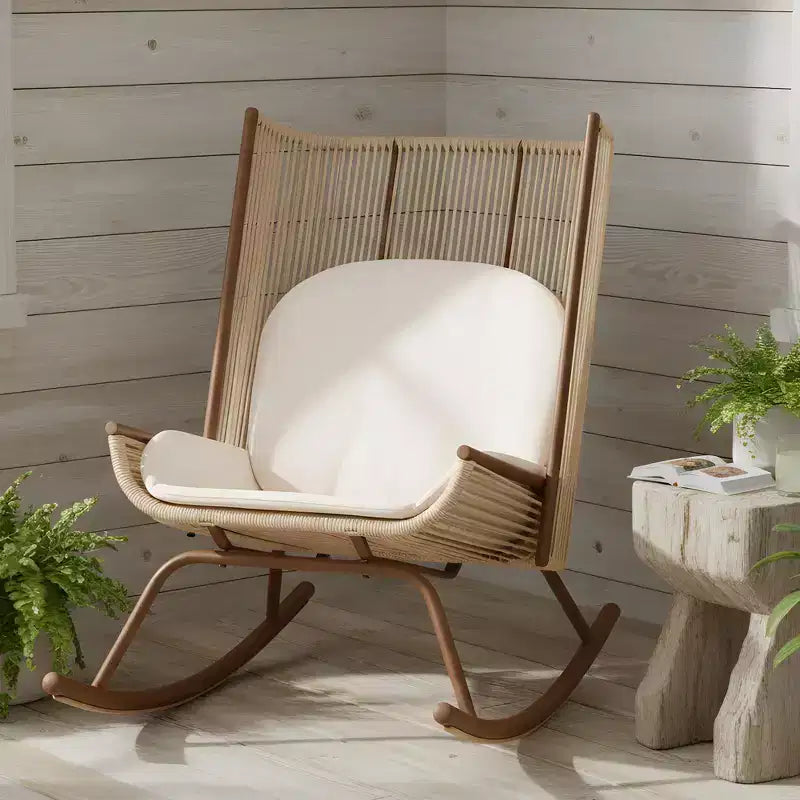 ModernLuxe Outdoor Rocking Chair with High Arc Backrest & Cushion, PE Rattan Patio Rocker, Modern Wicker Lounge Chair